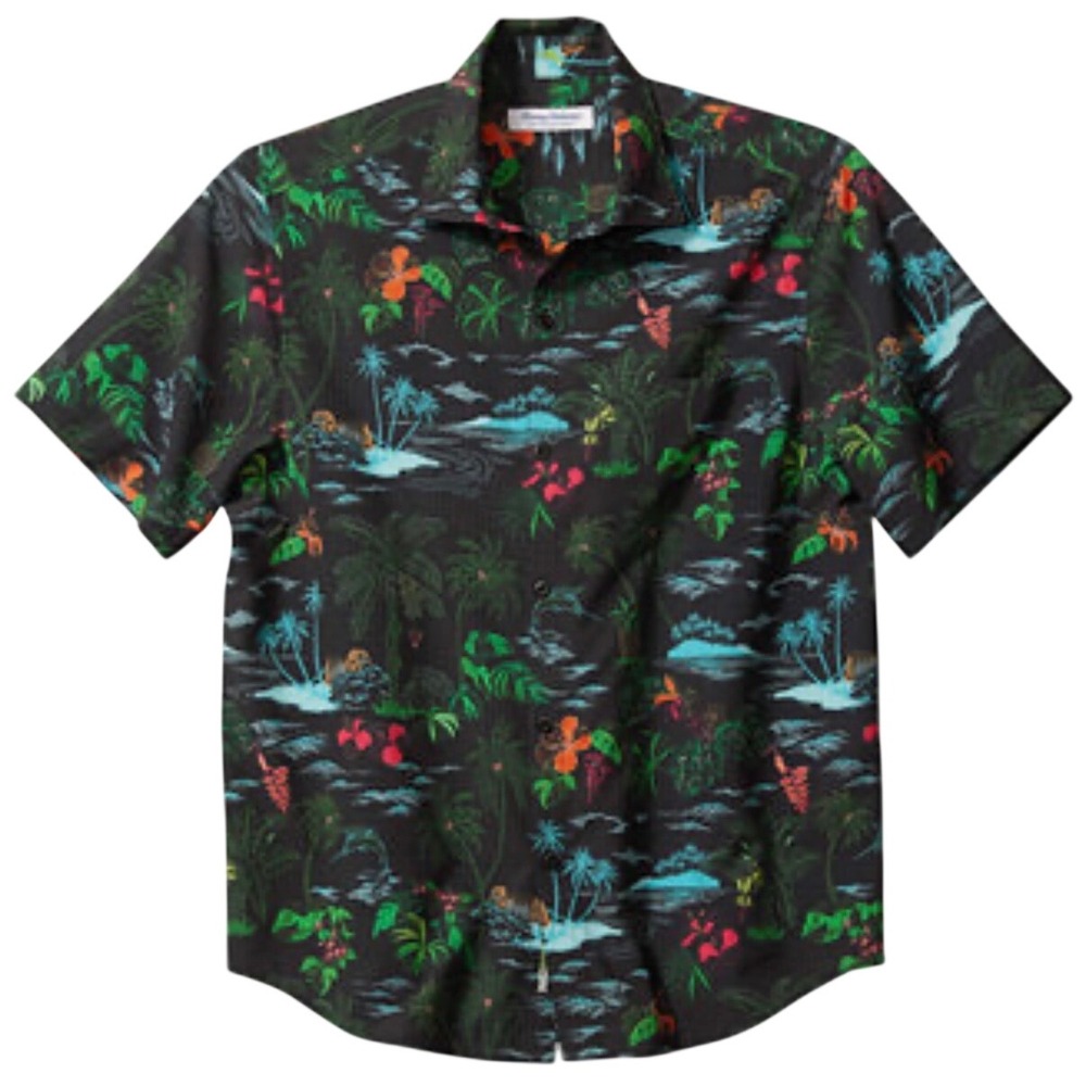 Tommy Bahama Mens 2XLB Neon Shores IslandZone Tropical Shirt Black Pocket New
